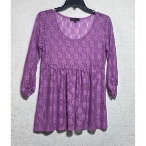 Weavers Purple Floral Lace Empire Waist Babydoll Tunic Top 3/4 Sleeve Size M